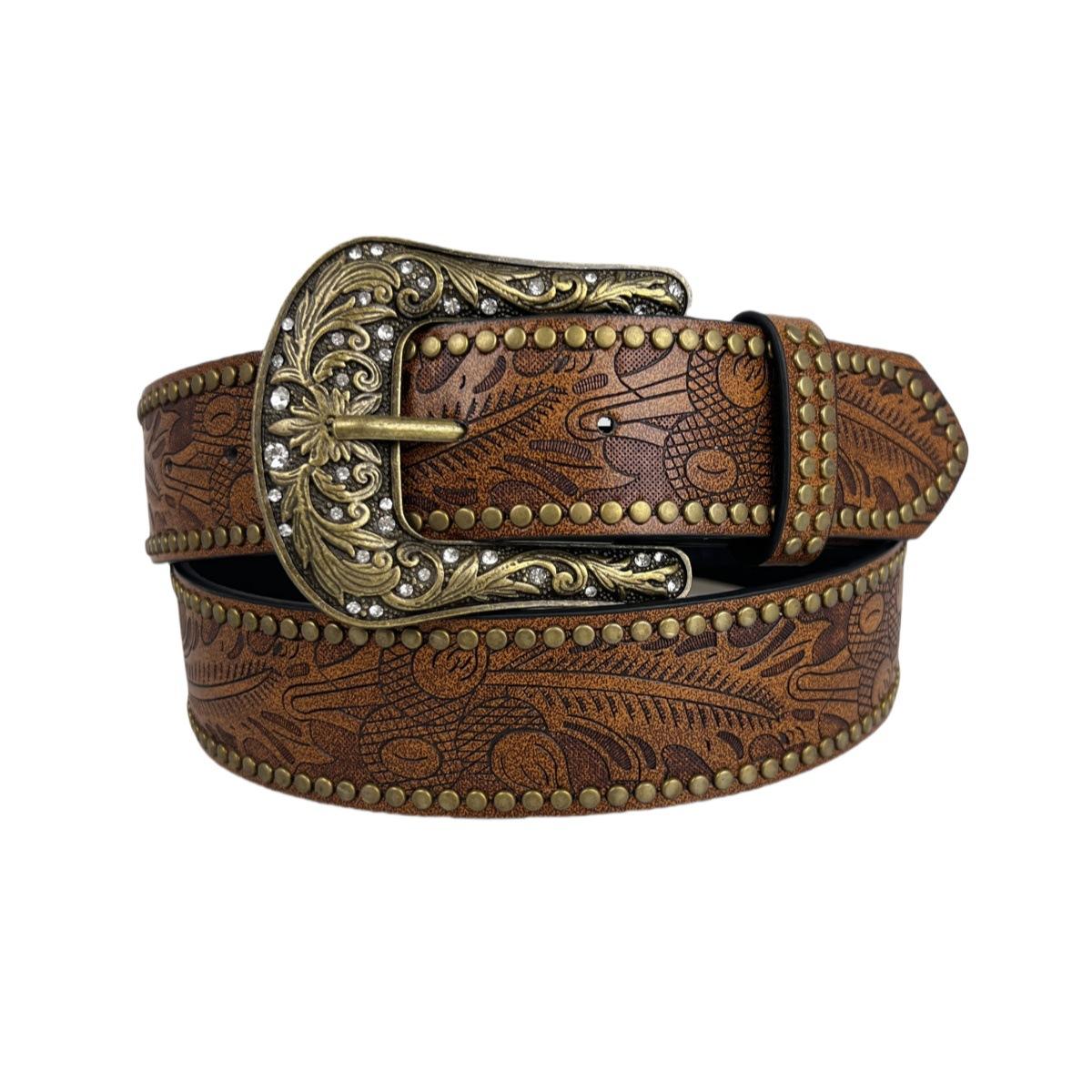 

Western Cowboy Engraved Buckle Belt, Embossed Retro Punk Willow Studs, Trendy, Simple and High-end Decorative Belt 130cm
