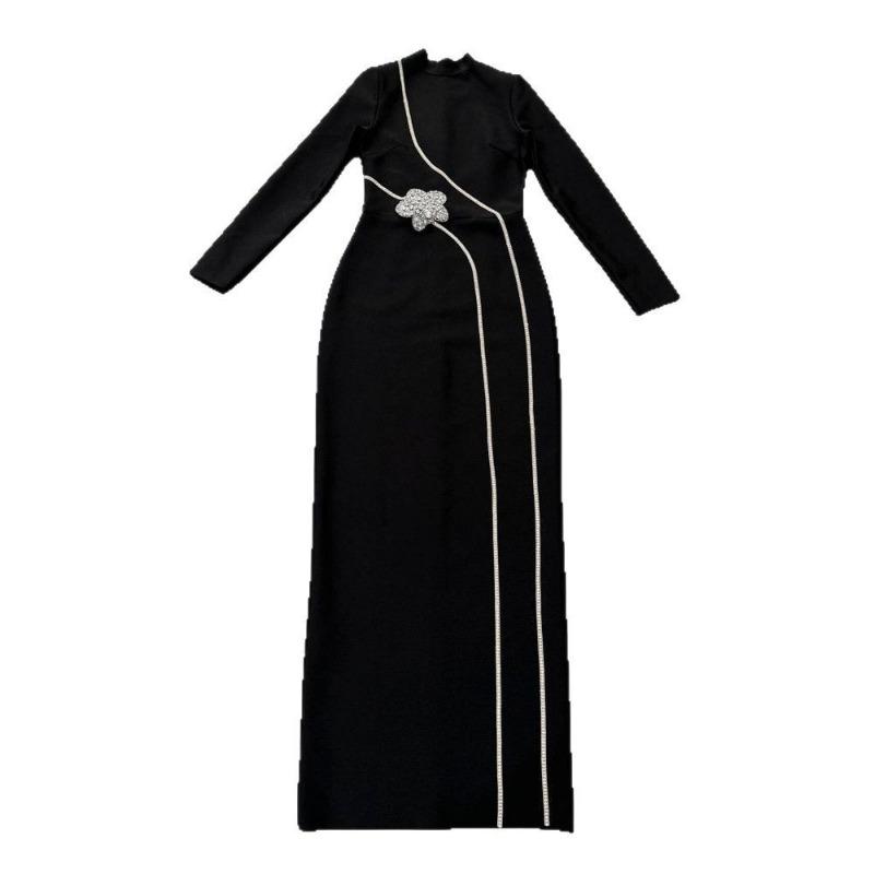 New long sleeve slim slit bandage dress temperament nail bead diamond long skirt dress