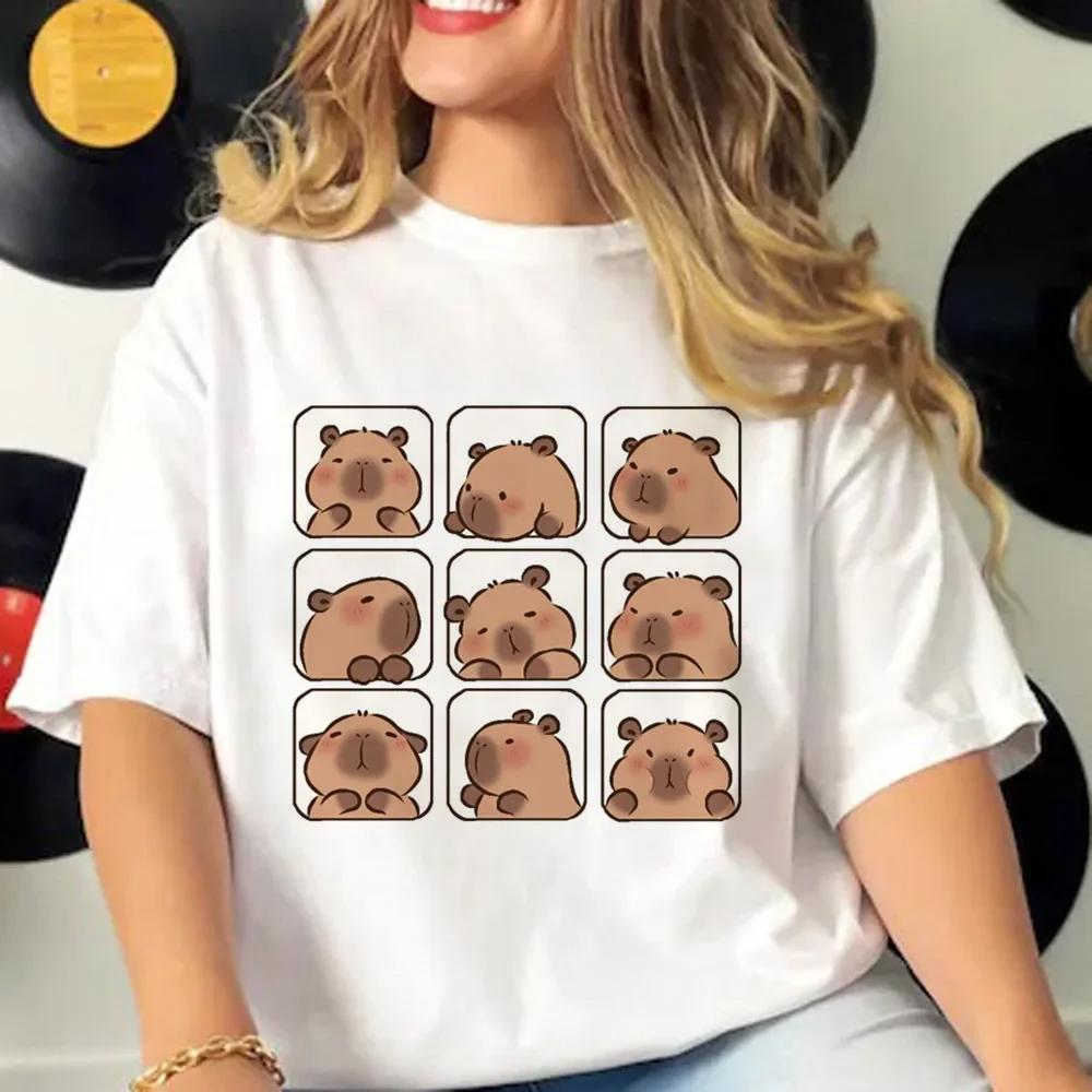 Summer Round Neck Cartoon Capybara Pattern Printed Top Fashionable Casual Pure Cotton Short Sleeved Women's T-shirts