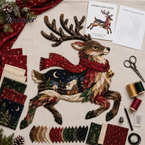 Christmas Fabric Art Patchwork DIY Kit, Adult Sewing Handcrafted Set with Creative Holiday Gift Pre-Cut Squares, Animals Craft for Beginners Quilting