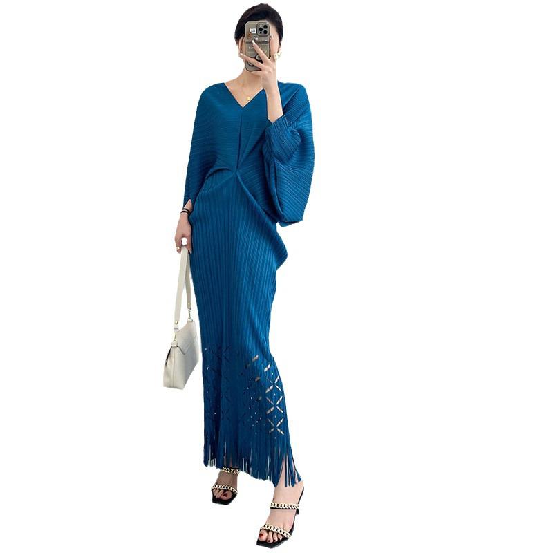 Miyake Pleated Large V-Neck Fishtail Tassel Dress with Bat Sleeves, 2025 Collection