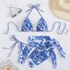 Vintage Blue Floral Print Swimwear Halter String Triangle 3 Piece Bikini Set Cover Ups Sexy Swimsuit Women 2025 Bikinis De Muejr