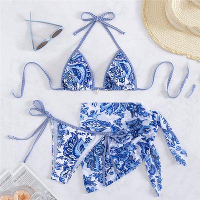 Vintage Blaues Blumenmuster Bademode Neckholder String Dreieck 3-teiliges Bikini-Set Cover-ups Sexy Badeanzug Frauen 2025 Bikinis De Muejr