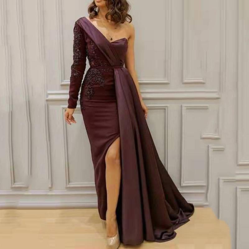 New suer dress dinner party shoulder temperament split fork and thin large size slim evening dress
