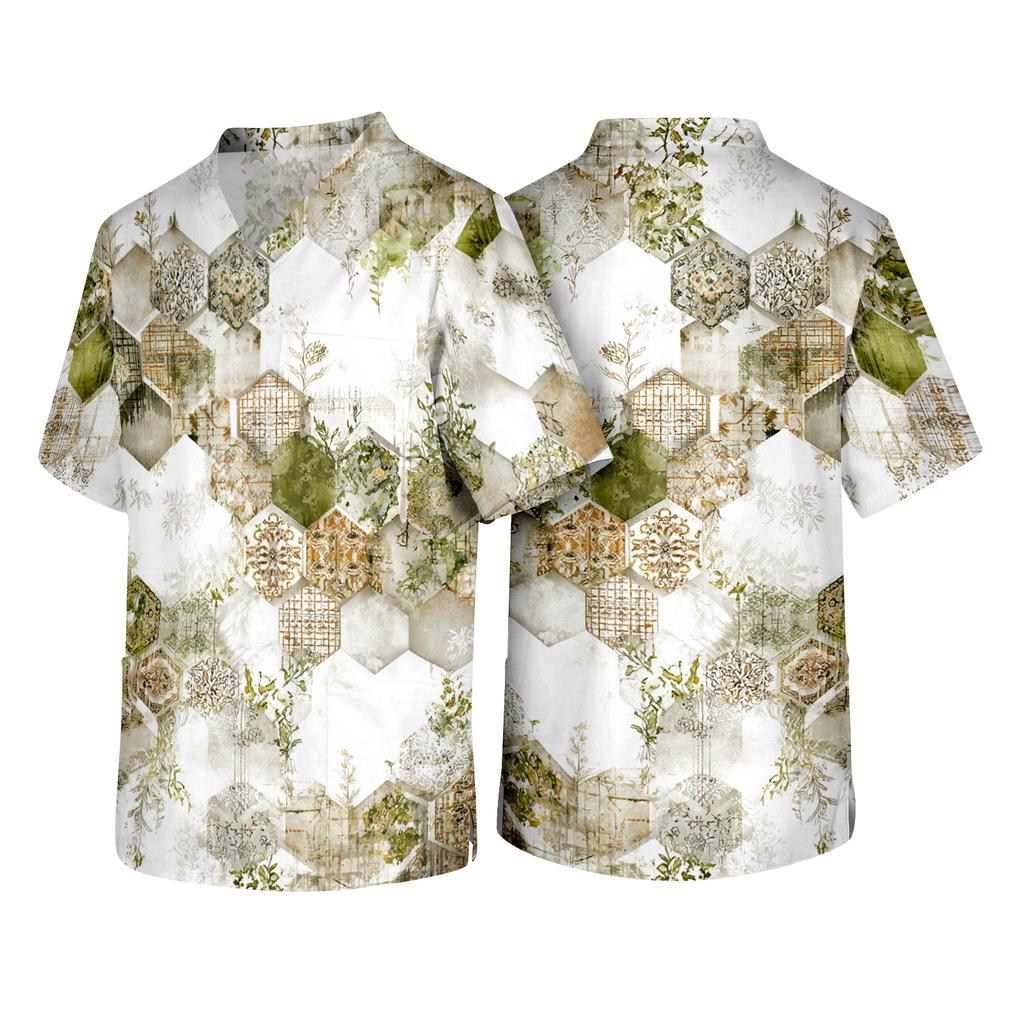 Men Short Sleeve V Neck Printed Chest Pocket Scrub Top with Relaxed Fit and Durable Fabric for Daily Wear
