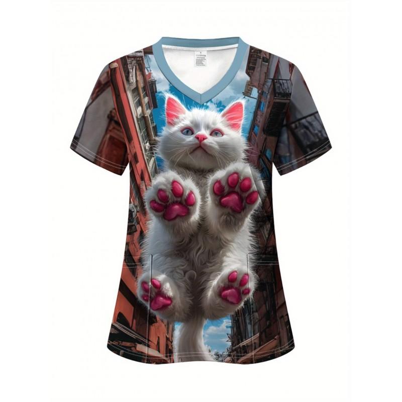 Womens V-Neck Short Sleeve T-Shirt With 3D Print Design Lightweight Breathable Casual Daily Wear