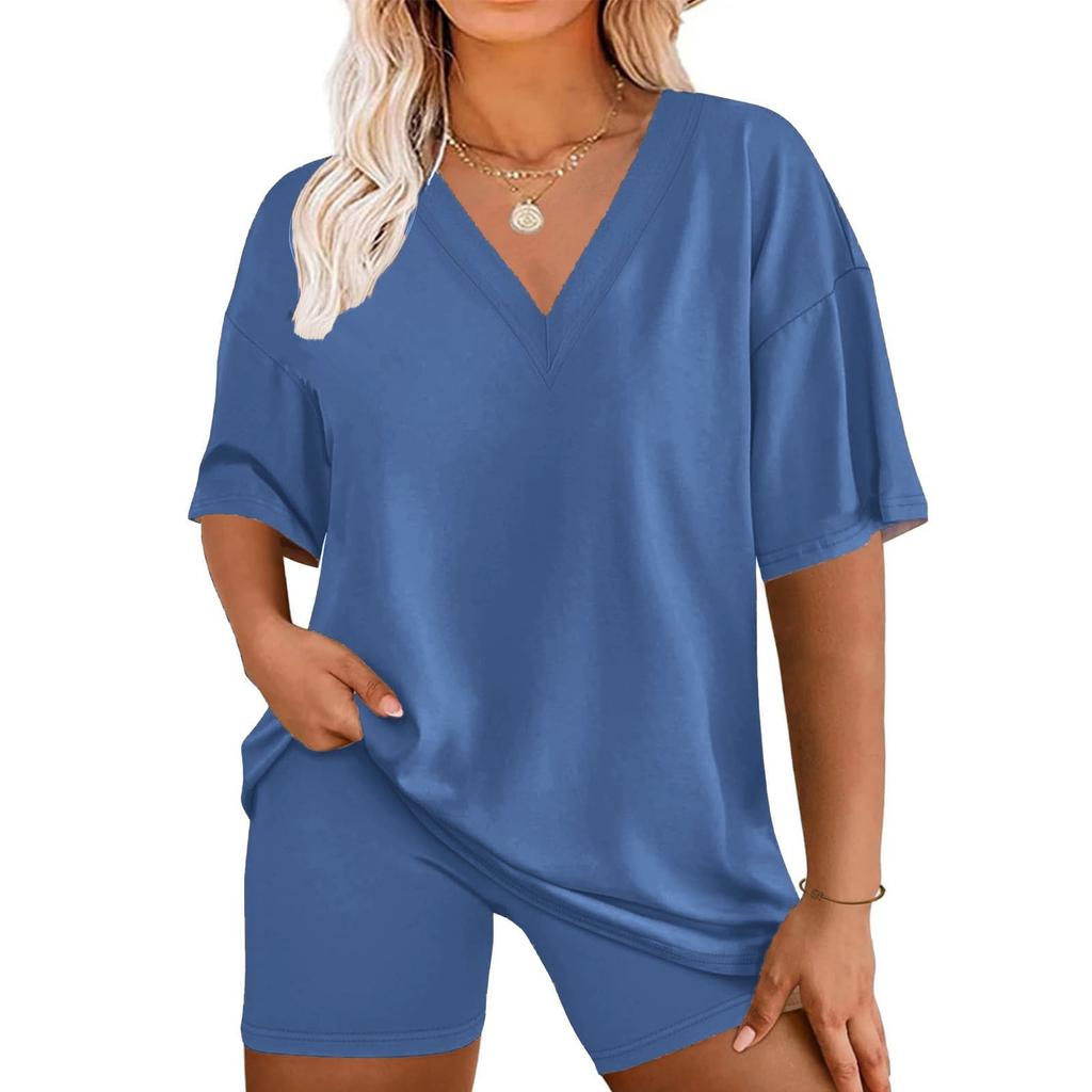 Women's Loose Fashion Solid Color Split V-Neck Short Sleeve Top Shorts Two Piece Set