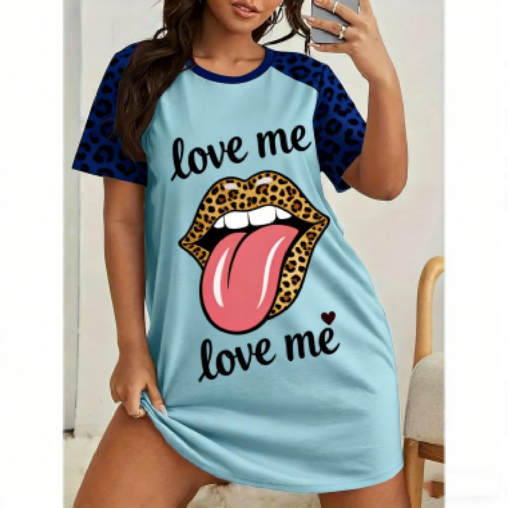 

Love Me Lips Print For Women Short Sleeve Sleepwear Dresses Loose Casual Fit Tee Nightwear Home Clothes Nightie Loungewear Dresses S