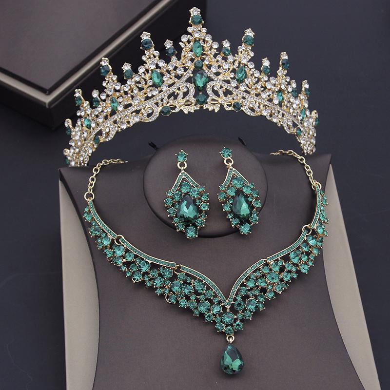 Gorgeous Blue Crystal Wedding Crown Necklace Sets For Women Bridal Jewelry Sets Earrings Prom