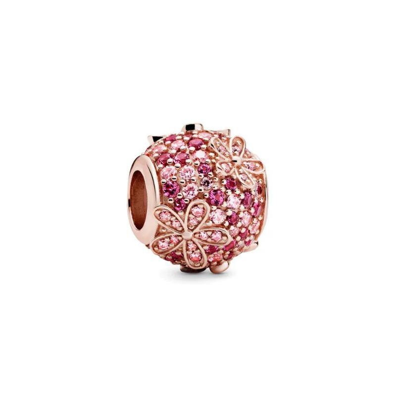 Copper Full Diamond Charms Colorful Heart Blooming Rose Round Beads Pendant Fit Original Bracelets Necklace Jewelry