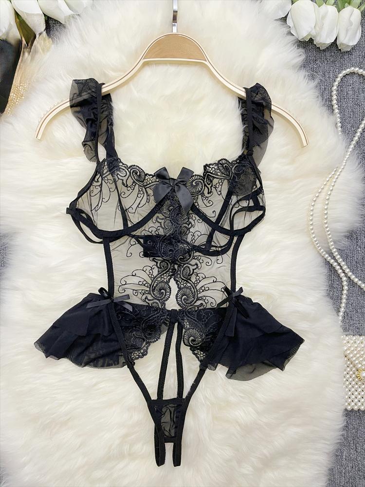 2024 Sheer Bow Lace Sexy Jumpsuits Women Hollow Out Porno Lingerie Romper Female Open Crotch Fashion Strap Transparent Playsuits