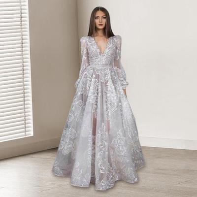 Women Evening Dress Deep V Neck Lace Floral Embroideried Maxi Dress A-line Big Swing Long Lantern Sleeves High Waist Pleated Ball Gown Prom