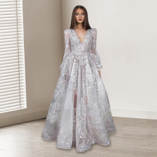 Women Evening Dress Deep V Neck Lace Floral Embroideried Maxi Dress A-line Big Swing Long Lantern Sleeves High Waist Pleated Ball Gown Prom