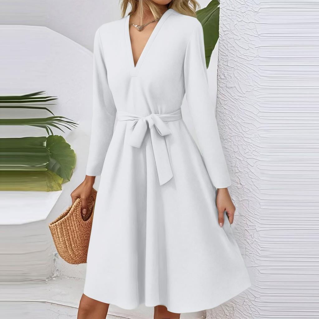 Women's Fashion Casual V-Neck Long Sleeve Waist Solid Color Midi Dress