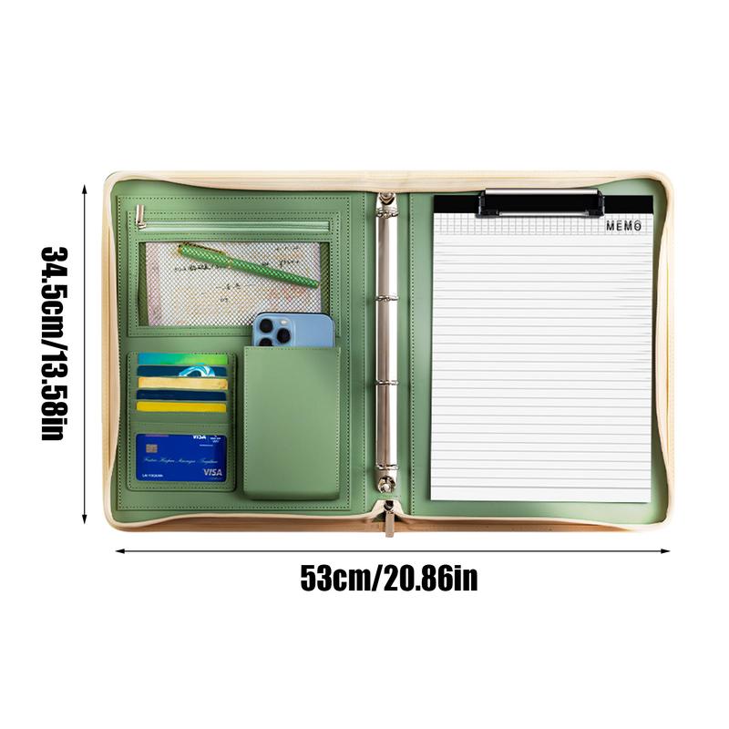 Multifunctional Leather Folder Large capacity zipper file bag clutch PU briefcase with A4 notepad and binder Travel storage bag