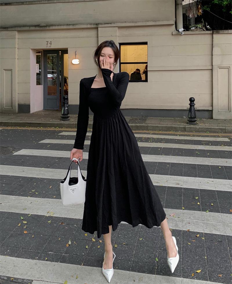 

Платье-юбка с длинными рукавами и квадратным вырезом во французском стиле 2025 года – новый весенне-осенний женский тренд Large чёрный