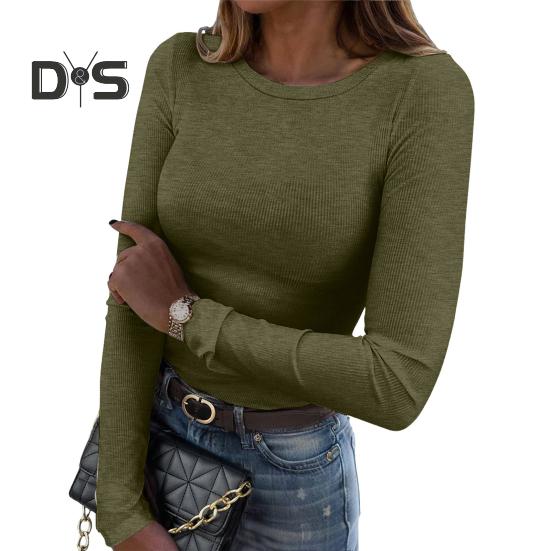 Pullover Tops Women Ribbed Long Sleeve Bottoming Top Regular Fit Lightweight Crew Neck Shirt Daily Wear