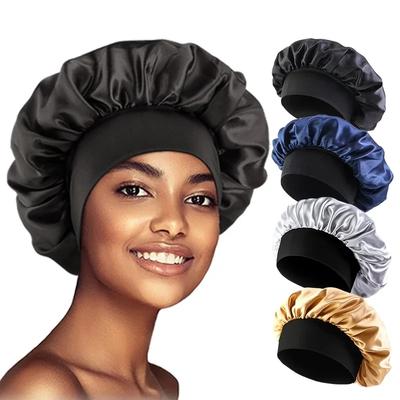 Damen Satin-Motorhauben, breitkrempige Nachtschlaf-Bademütze, Unisex-Kopfwickel, Gummiband, Haarpflege-Motorhaube