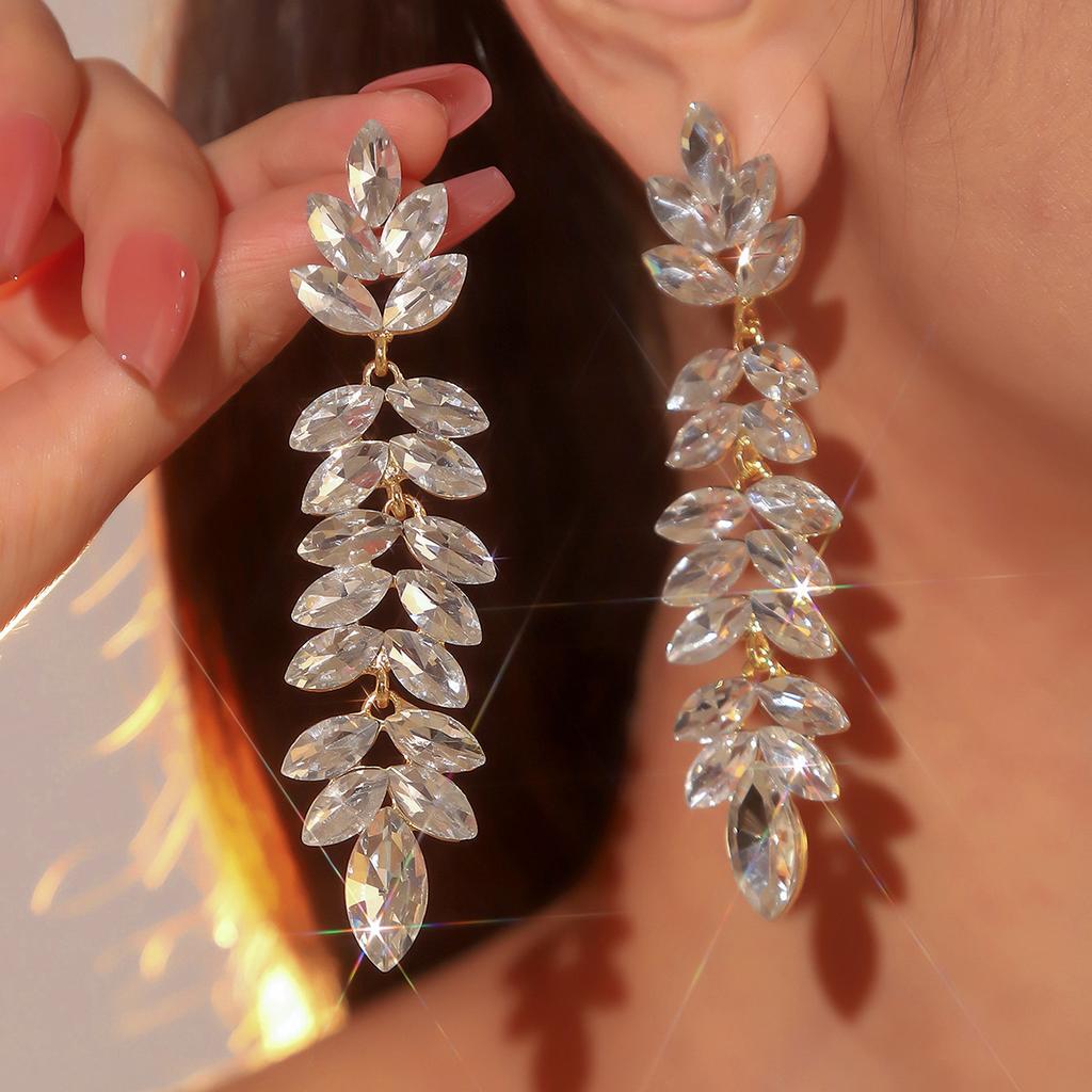 Color Glass Rhinestone Long Earrings Women Luxury Earrings Pair