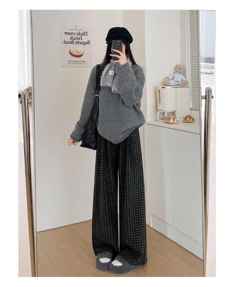 Women's High-Waisted Black and Gray Retro Plaid Wide-Leg Pants - Autumn/Winter 2024 Korean Style Slimming Casual Wear