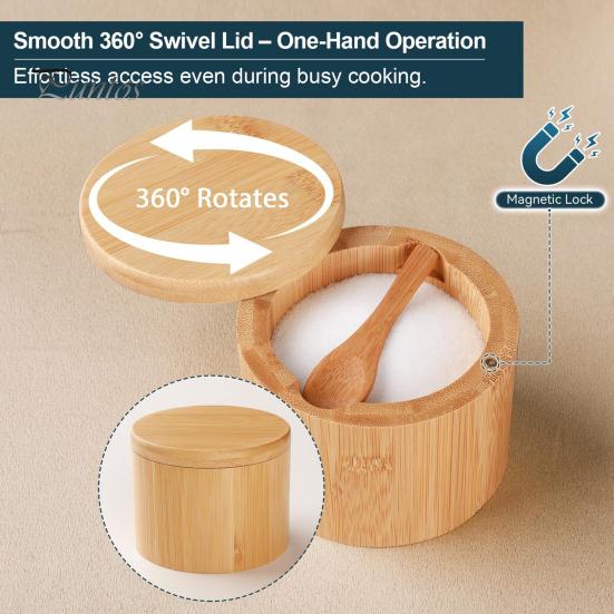 Reusable Wooden Seasoning Box Wood Salt Container with Swivel Magnetic Lid, Built-in Spoon Decorative Spice Keeper Jar, Moisture Proof for Kitchen