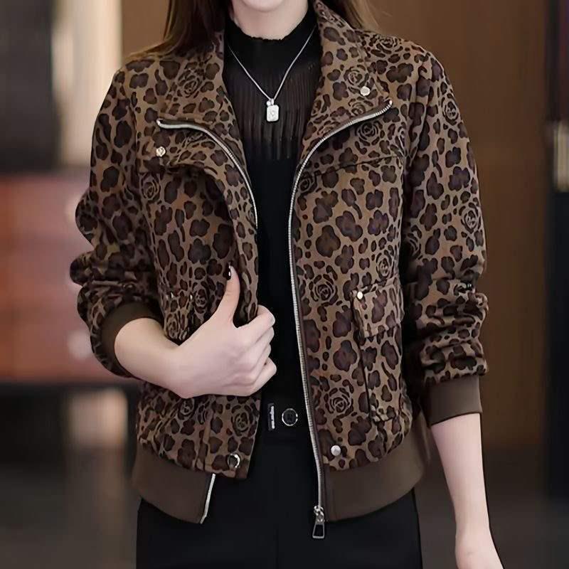 2025 Autumn/Winter Women's Leopard Print Slim Fit Casual Jacket with Plus Velvet