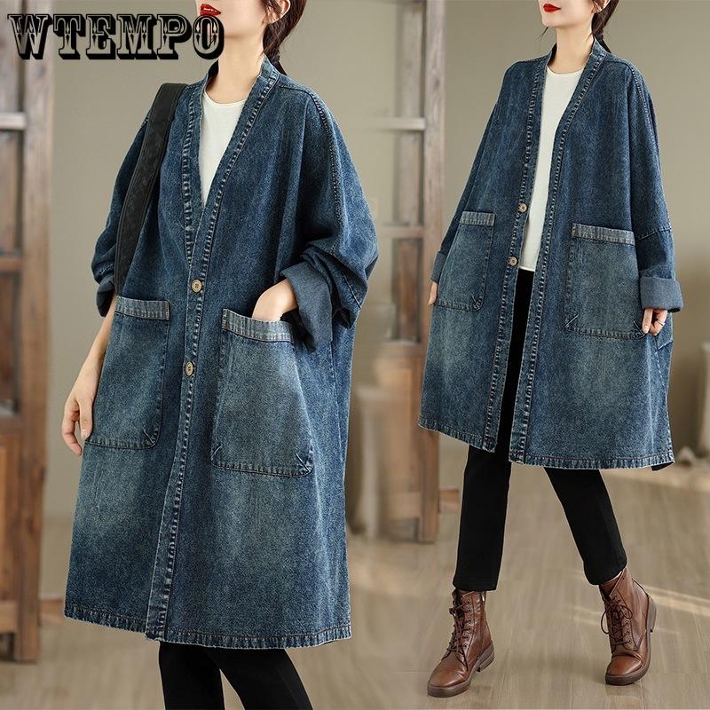 Women's V-neck Denim Jacket with Large Pockets Autumn New Style Medium To Long Windbreaker Large Size