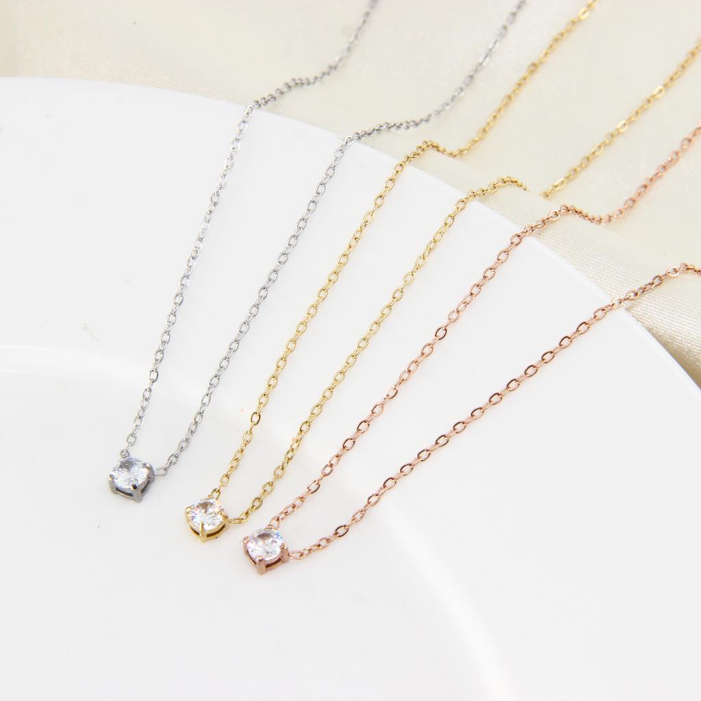 Trendy 14K Gold-Plated Stainless Steel Geometric Link Necklace Four-Claw Zircon Pendant Ladies Gift Allergy Prevention