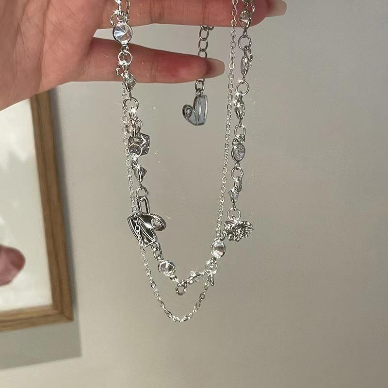 Super Flash Love Zircon Double-layer Collarbone Chain Female Ins Cold Wind Design Sense Stacked Necklace High-grade Neck Chain