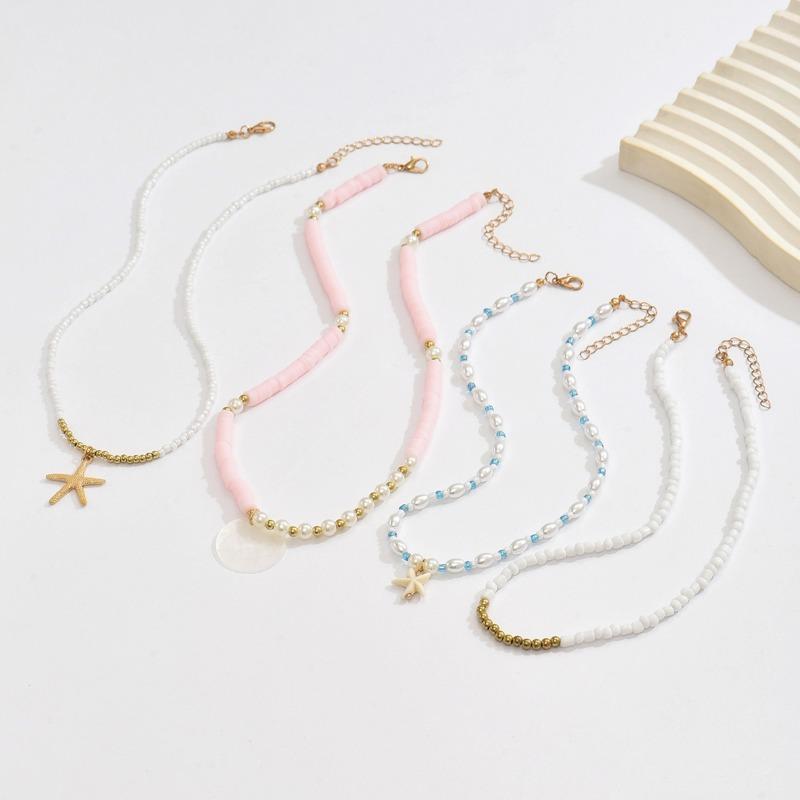 Summer Bohemian Pink Soft Pottery Pearl Beaded Necklace Set Ocean Elements Starfish Stacked Necklace