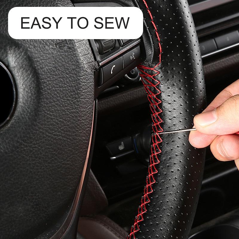 Leather Hand Sewing Steering Wheel Cover Universal Braid Steering Wheel Cover 38cm  Genuine Cowhide Leather with Needles Thread