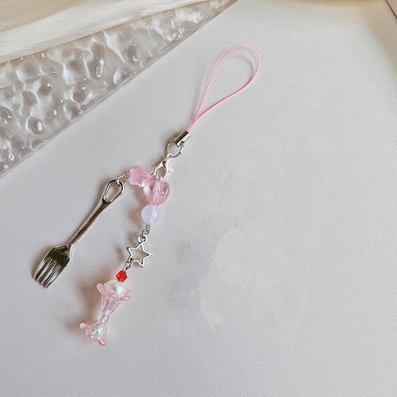 Cute Beaded Fork Phone Chain Ornament Heart Beaded Cellphone Pendant Phone Lanyard Bag Charm for Fashionable Individuals