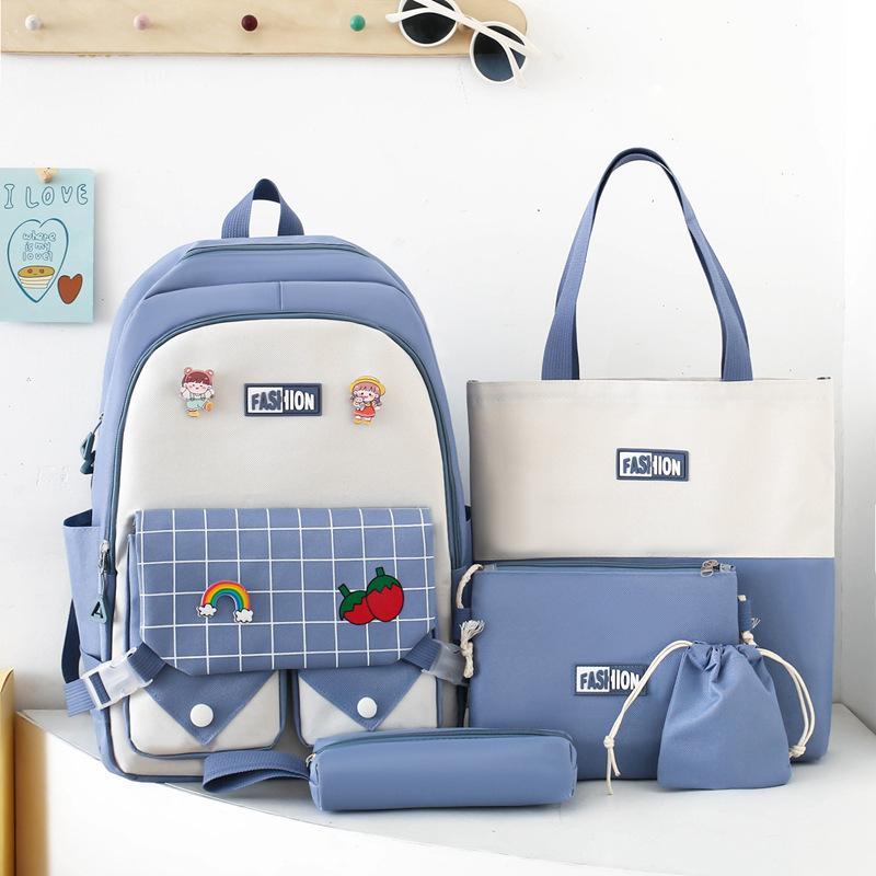 

Korean Mori Style Color Block Backpack Set: Large Capacity, 5-Piece, for Students (Elementary to High School) 44x30x14 cm синий