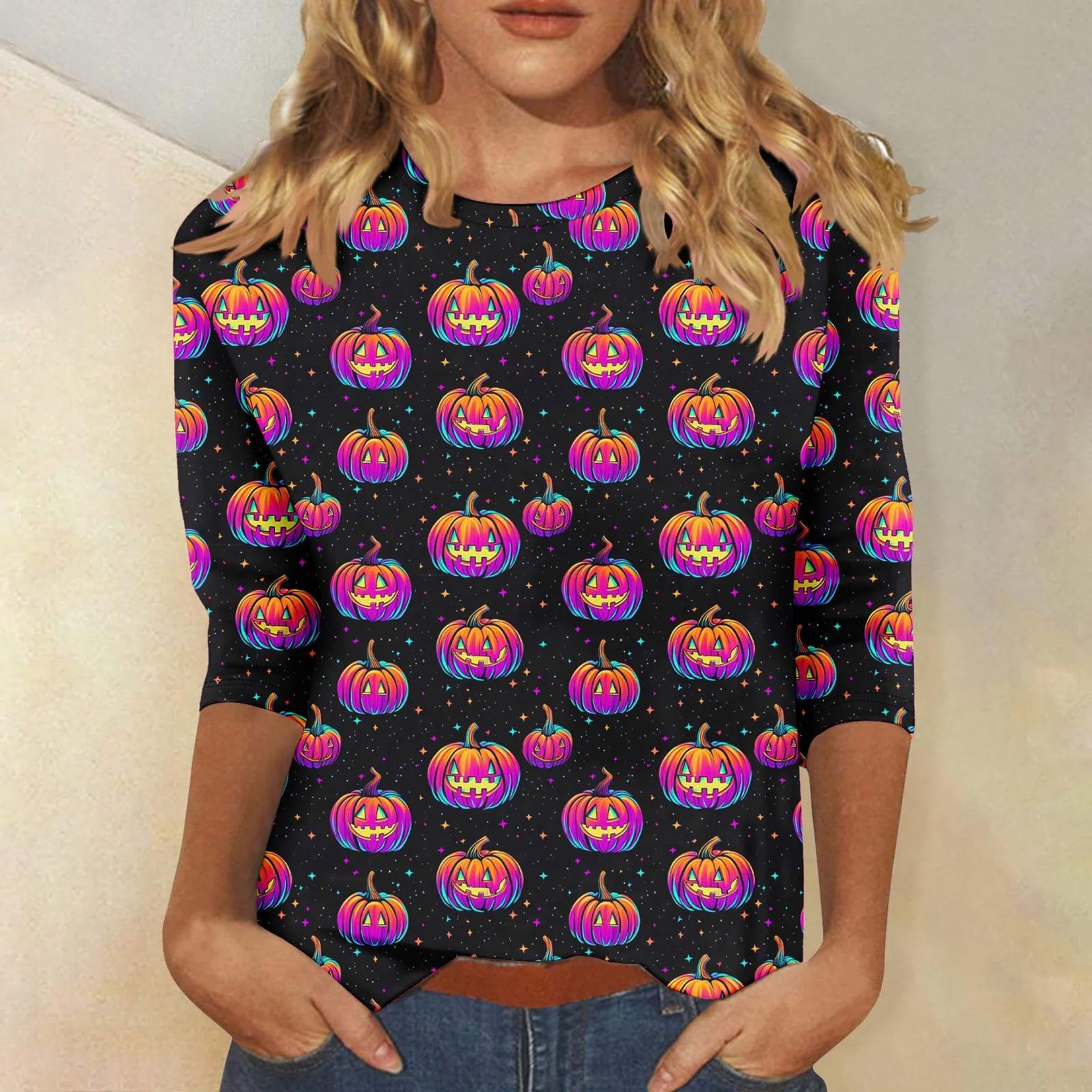 Horror Fun Women s Halloween Shirt Funny Cartoon Ghost Face Pumpkin Print Round Neck Long Sleeve Polyester Long Sleeve S