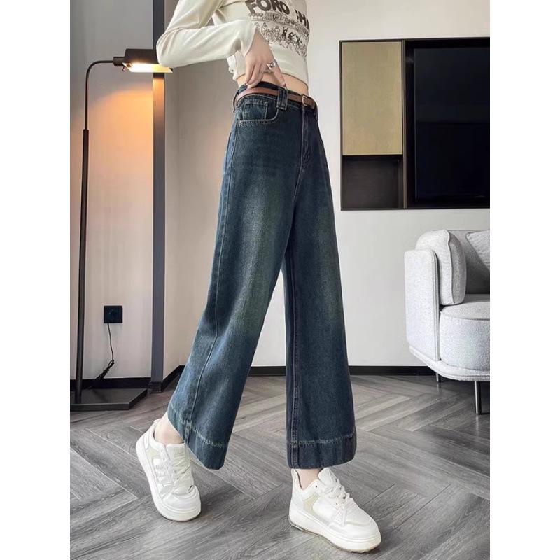 Petite High-Waisted Wide-Leg Jeans for Women - Autumn/Winter Loose-Fit Eight or Nine-Point Pants