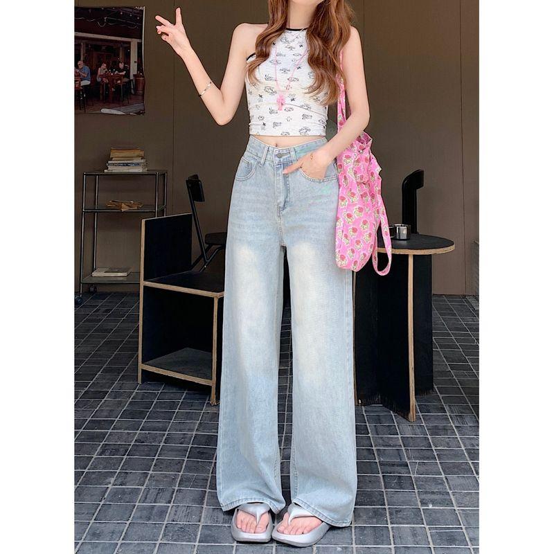 American Small Washed Light Blue Wide Leg Denim Female 2025 Summer High Waist Loose Straight Mopping Pants