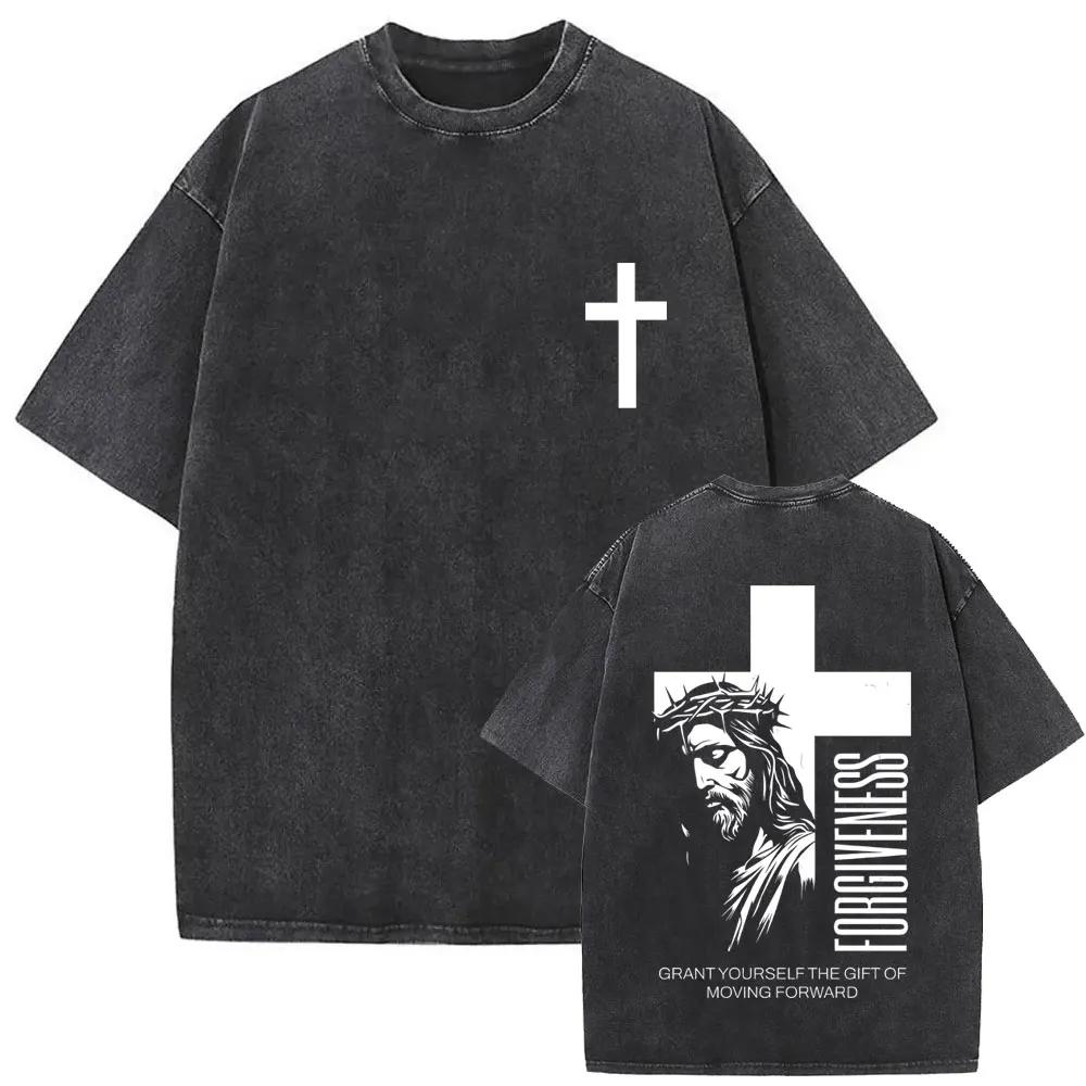 Christian Religious Jesus Forgive Them Father Vintage Washed T-shirt Men Women Gothic Rock Oversized T Shirts Tops