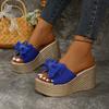 9cm Wedge Heels Platform Beige Slippers Women Shoes Flowers Pull On Applique Fabric Bow Flip Flop Light Slide 35-43