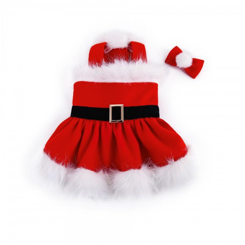 Christmas Plush Trim Dog Dress With Bow Headwear Teddy Bichon Holiday Party Pet Costume