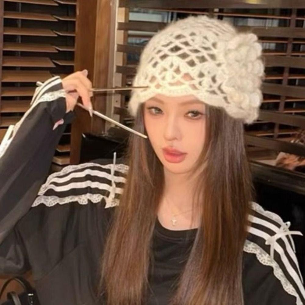 Hollow Out Crochet Hollow Flower Knitted Hat Warm Cap Knit Cap  Apparel Accessories