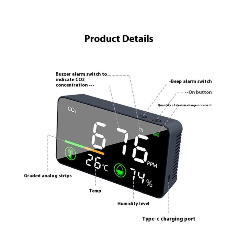 High Accuracy CO2 Meter Temperature Moisture  & CO2 Tester 3 in 1 Carbon Dioxide Detectors Easy to Carry Device for Indoor Space