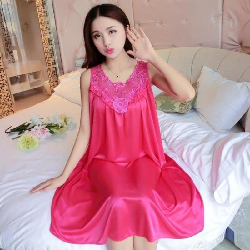 Summer Imitation Silk Nightgowns Women Sexy Sleepwear Nightwear Female Spaghetti Strap Underwear Lace Breathable Homewear
