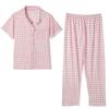 Korean version of sweet summer pajamas women's short-sleeved cardigan trousers cute lace plaid women's loungewear spring and autumn suit