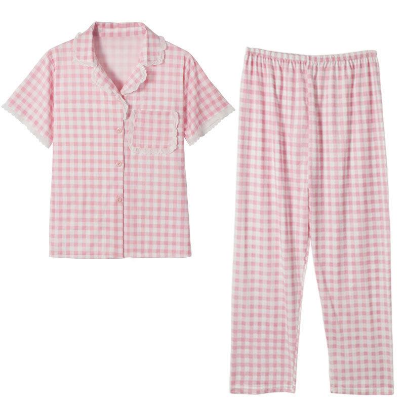 Korean version of sweet summer pajamas women's short-sleeved cardigan trousers cute lace plaid women's loungewear spring and autumn suit