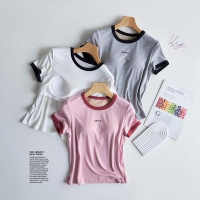 Tricou de damă casual cu mânecă scurtă, cu contrast, cu cupe la piept, fără sutien, dintr-o singură piesă, cu gât rotund pentru vară.