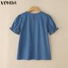 VONDA Summer Women Puff Sleeve Demin Blue Casual Tops Blouse