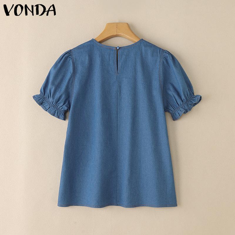 VONDA Summer Women Puff Sleeve Demin Blue Casual Tops Blouse