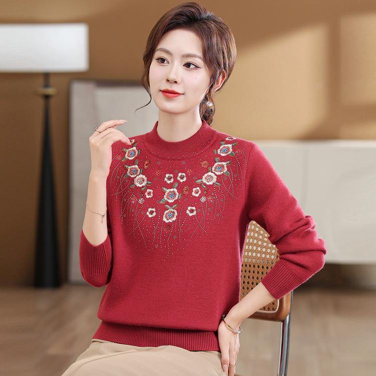 Middle-aged Mothers Autumn and Winter Base Shirt New Style Middle-aged and Elderly Women's Sweater Winter Plus Velvet Thick Knitted Top