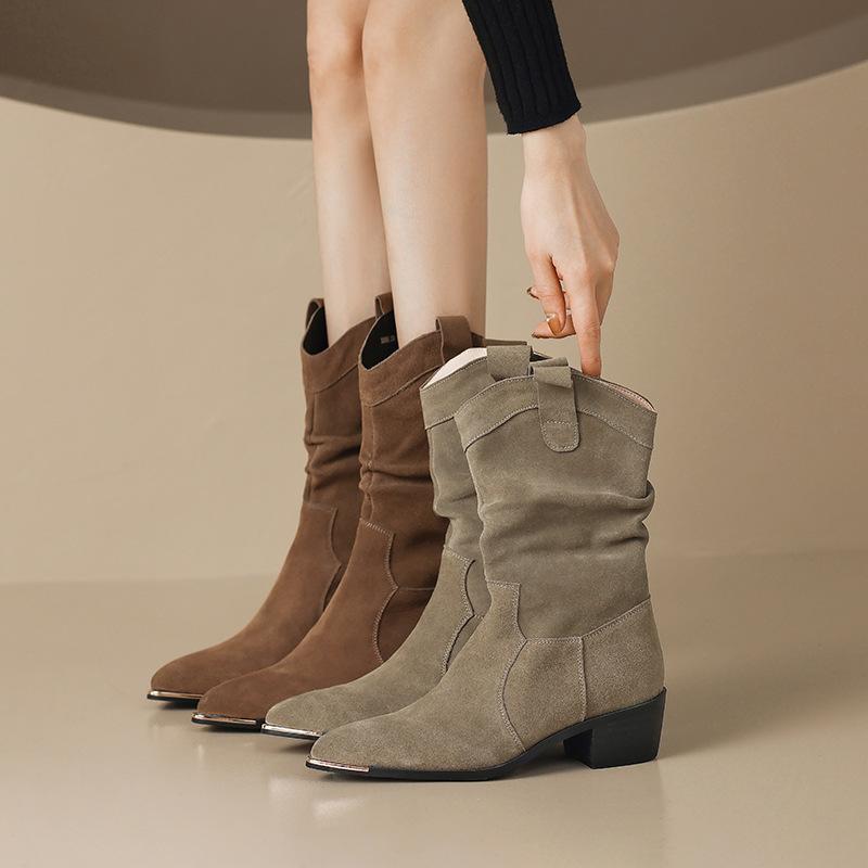 Sharp Pointed Stacking Boots for Women 2025 New Retro Short Boots with Thick Heels Western Cowboy Boots