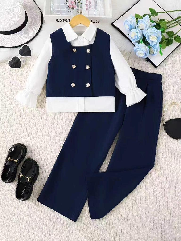 British Style Girls' Three-Piece Suit: Dark Blue Vest, White Long-Sleeve Shirt, Dress Pants